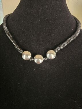 Three-Bead Black Cord Necklace with Silver Beads